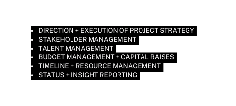 DIRECTION EXECUTION OF PROJECT STRATEGY STAKEHOLDER MANAGEMENT TALENT MANAGEMENT BUDGET MANAGEMENT CAPITAL RAISES TIMELINE RESOURCE MANAGEMENT STATUS INSIGHT REPORTING